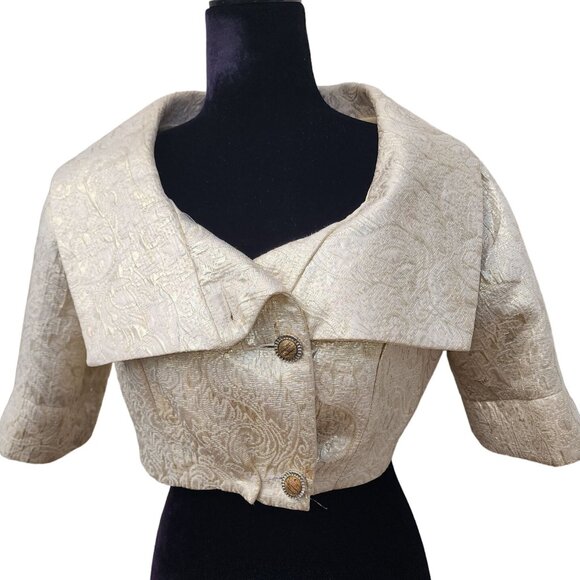 Luxurious Gold Brocade Jacquard Designer Jacket Cardigan Coat Bolero Cover Cape - Picture 5 of 16